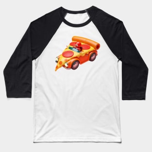 A slice of pizza driving a tiny pizza-shaped car with pepperoni wheels Baseball T-Shirt